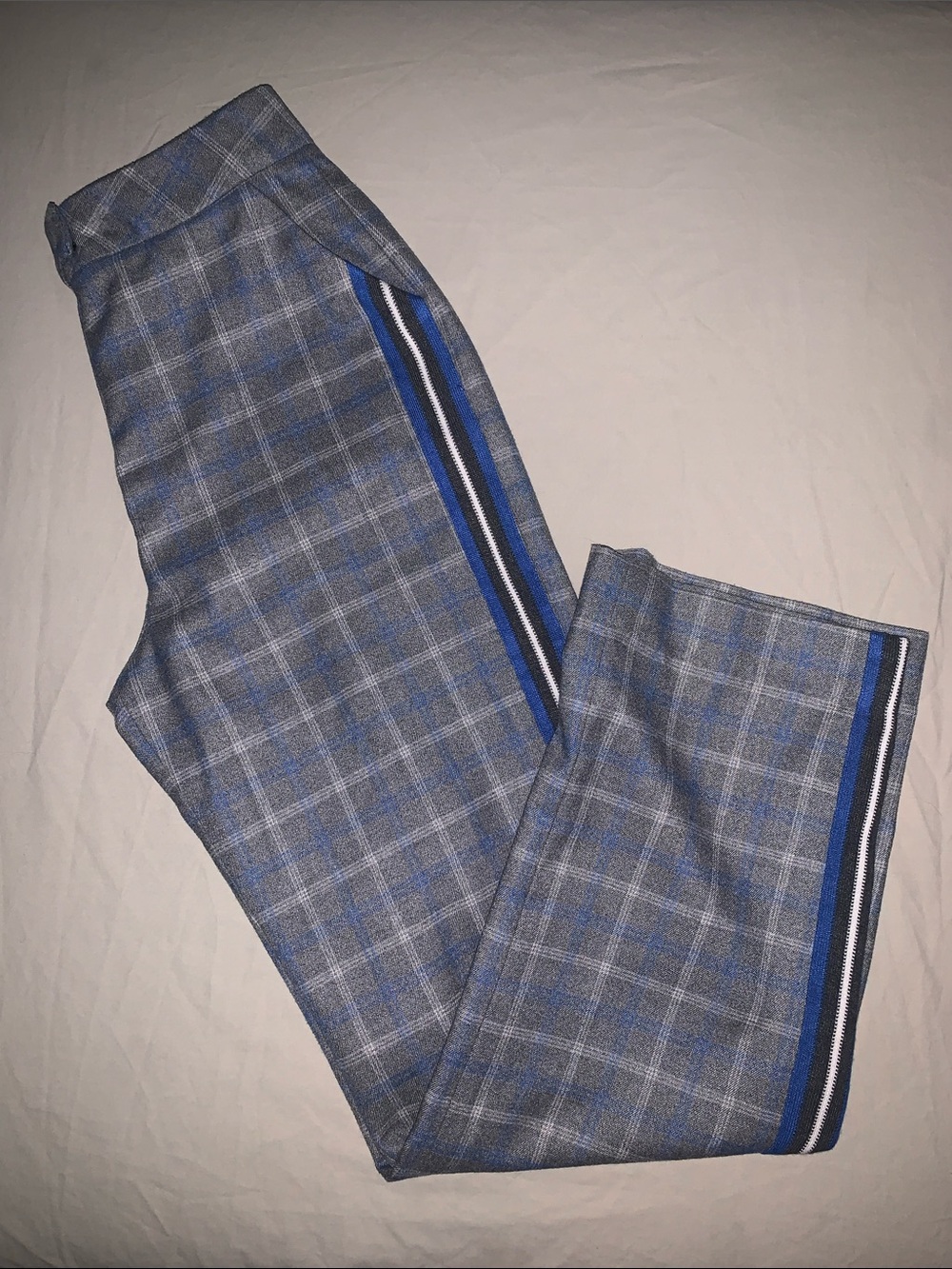 SPANNER Gray Plaid Straight-Leg Pants with Blue Side Stripe